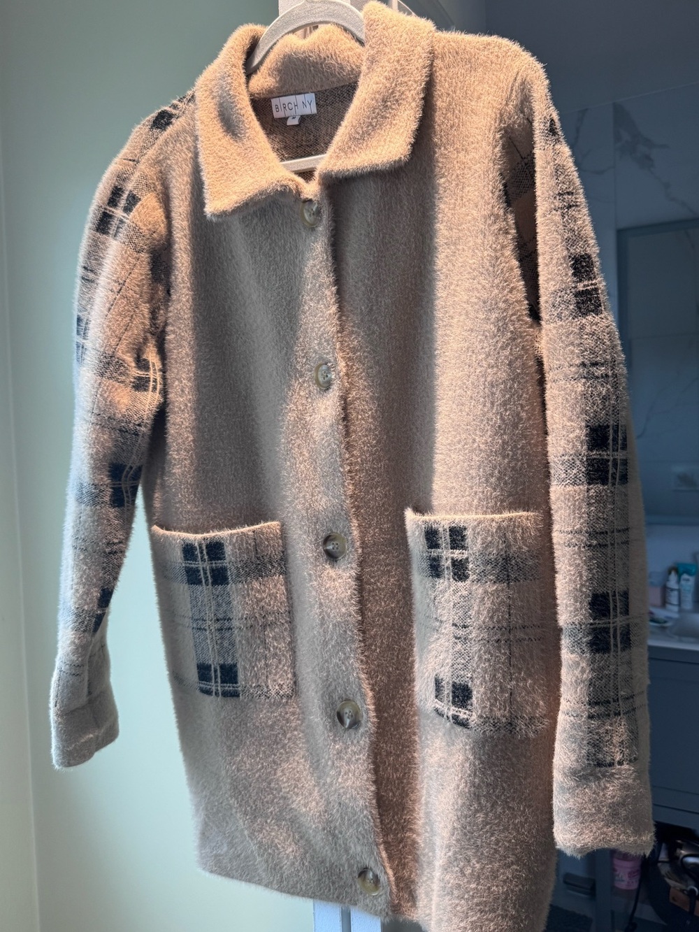 Birch NY Cozy Faux Fur Coat | Beige Teddy with Plaid Accent Trim